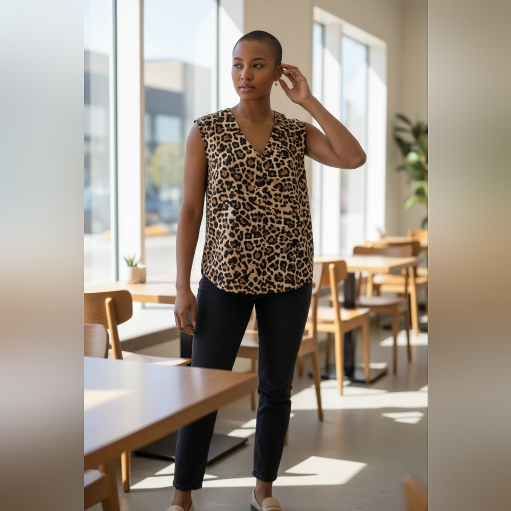 LOFT Satin V-Neck Leopard Print Blouse Size Medium Cap Sleeve